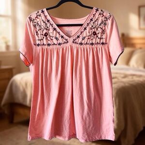 St. John’s Bay Top Embroidered Boho Peasant Top Large Pink Floral Cottagecore